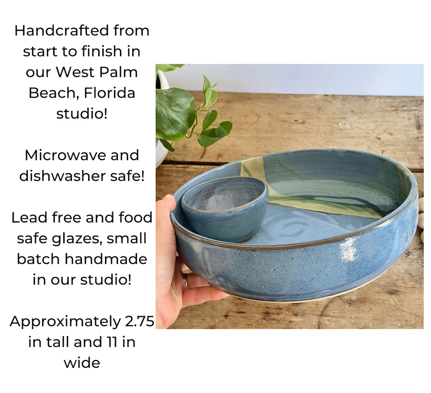 Large Handmade Green Pottery Chip and Dip Serving Platter