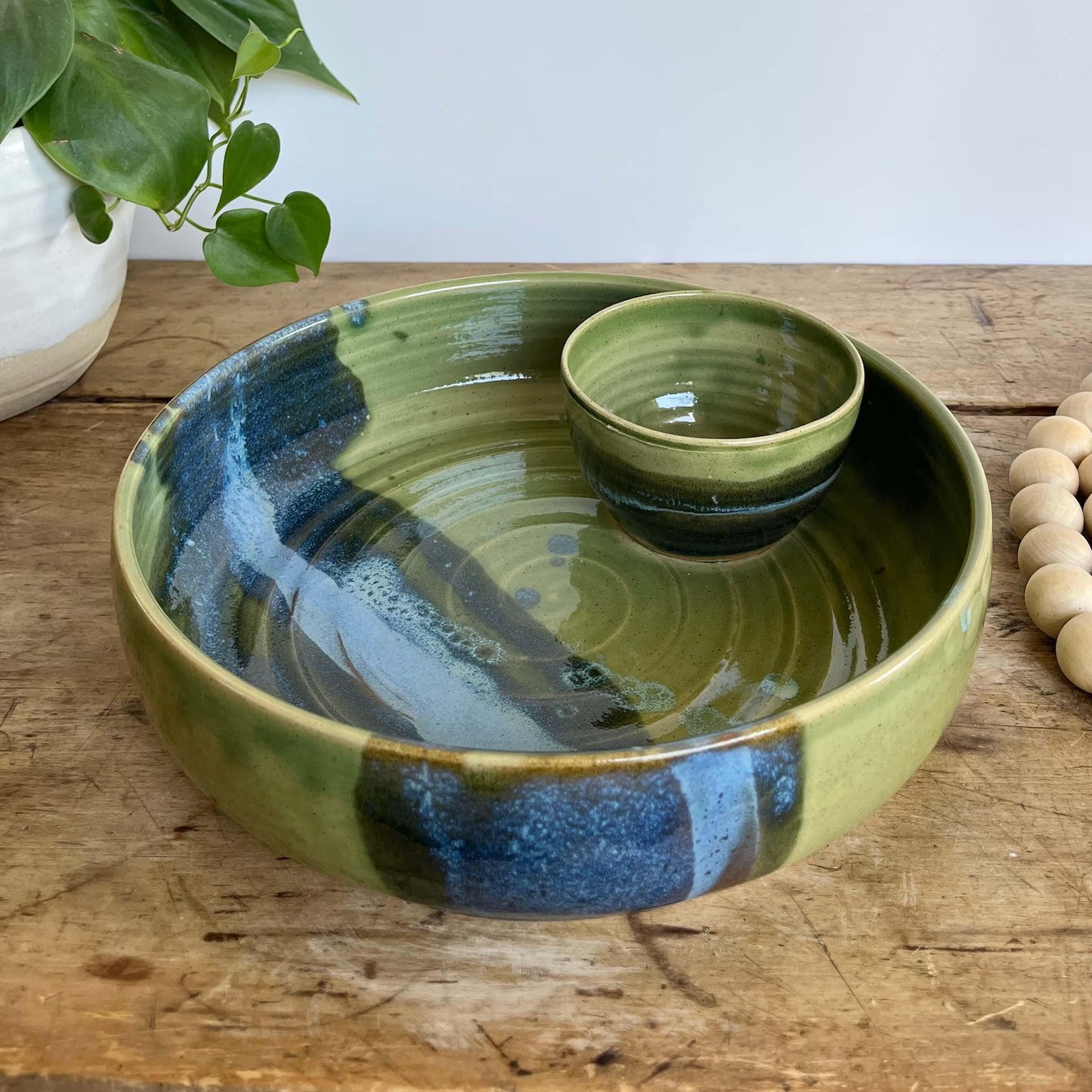 Large Handmade Green Pottery Chip and Dip Serving Platter